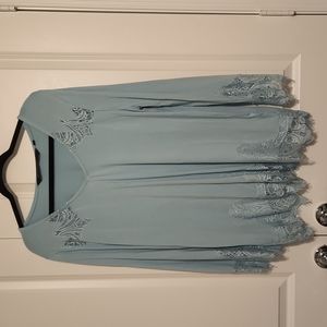 Colleen Lopez Long Bell Sleeve Lace Inset Porcelain Blue XL Blouse